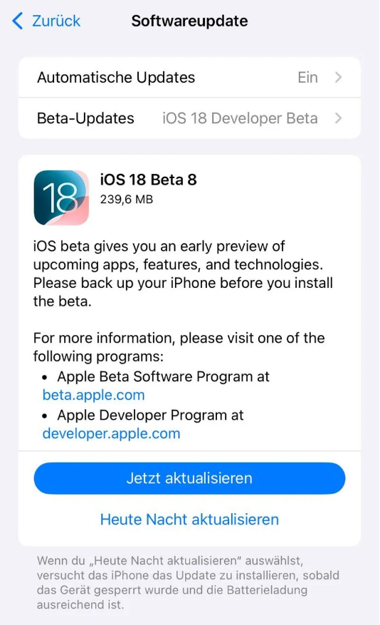 南通苹果手机维修分享苹果 iOS / iPadOS 18 开发者预览版 Beta 8 发布 